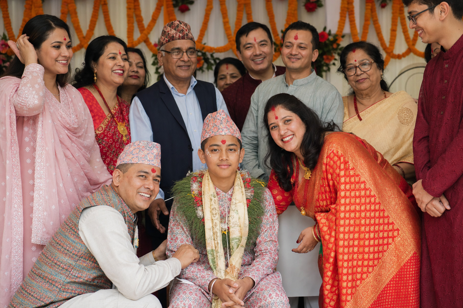 Nepali Bratabandha family celebration — young boy in traditional dress surrounded by smiling relatives