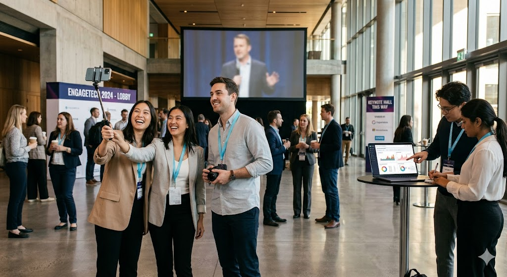 Conference attendees networking at EngageTech 2024 — colleagues taking a group selfie while others review event analytics