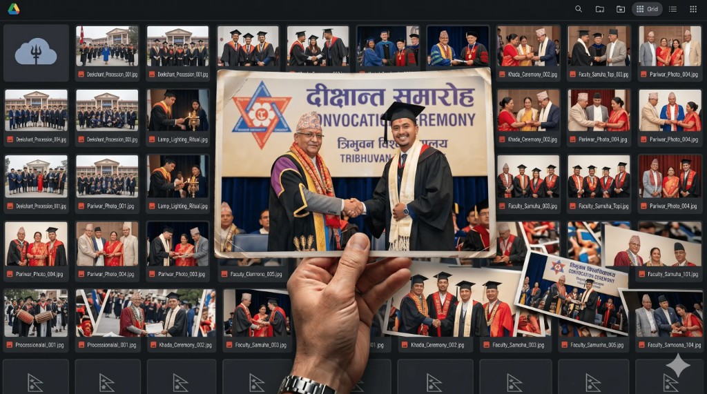 Tribhuvan University convocation — graduate on stage shaking hands at the ceremony