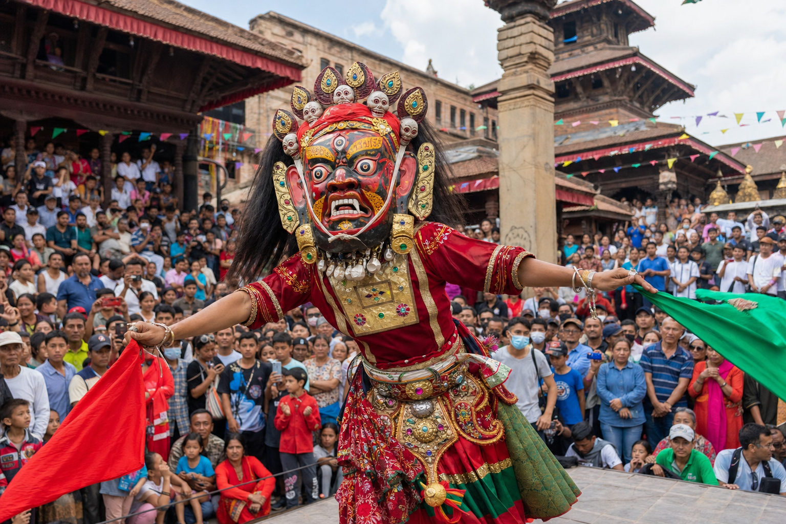 Indra Jatra street festival in Kathmandu — traditional lakhe dancer and crowd in front of historic temple architecture
