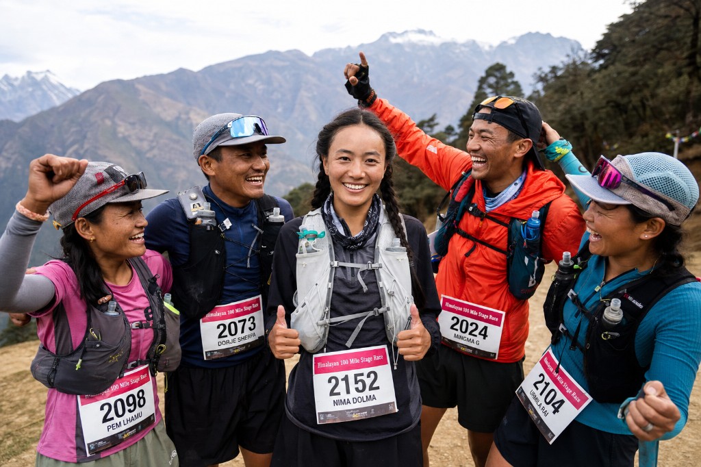 Group of trail runners celebrating at a Himalayan stage race