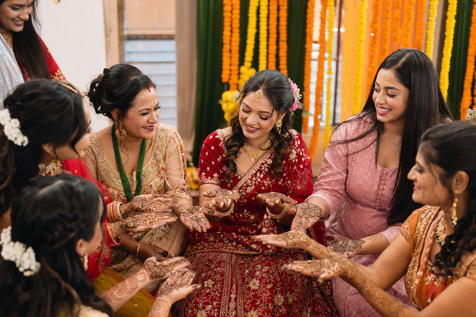 Nepali wedding mehendi ceremony — bride and relatives showing intricate henna with traditional red and gold attire